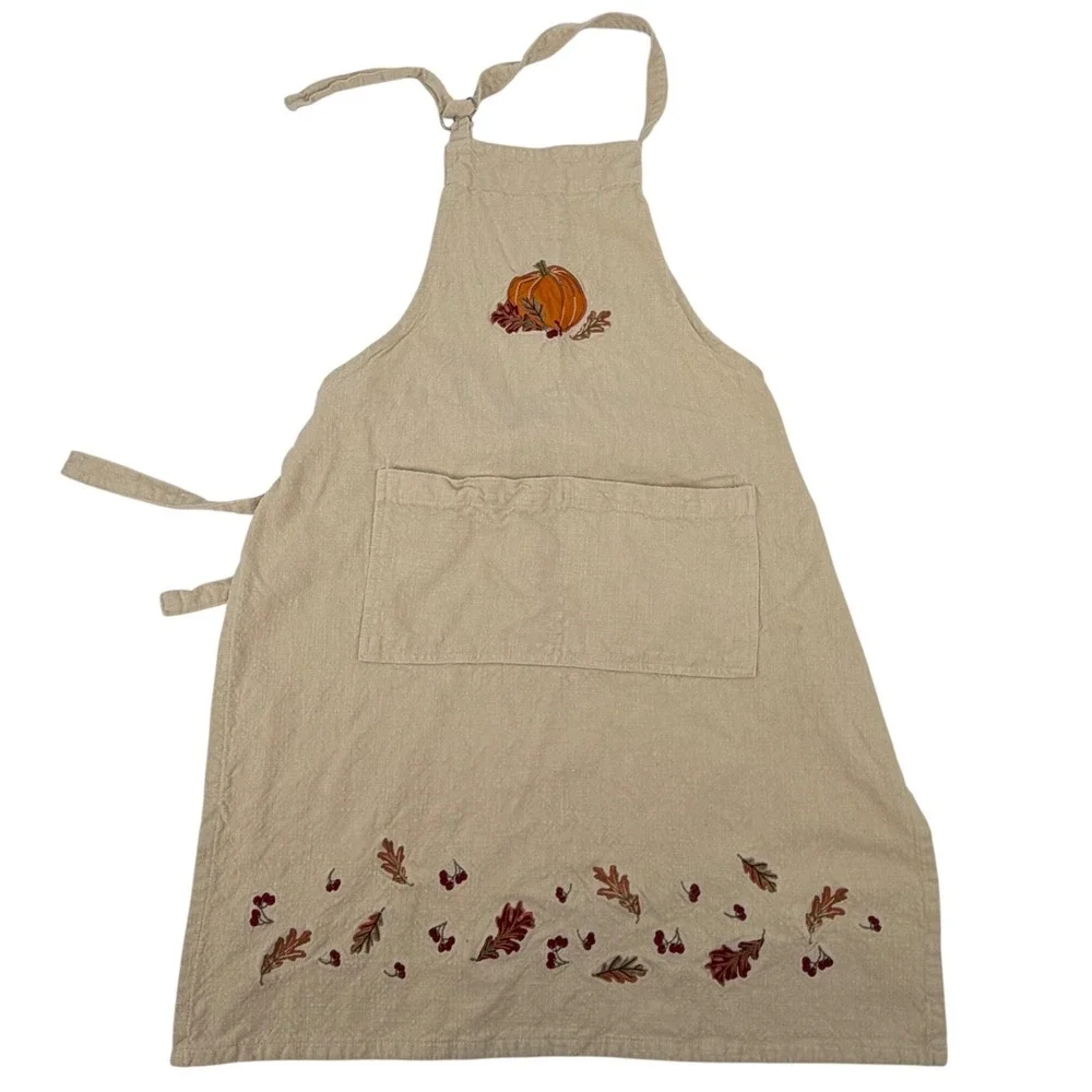 Sur La Table Tan Cotton Fall Apron Pumpkin Leaves Embroidery 26x34 Thanksgiving